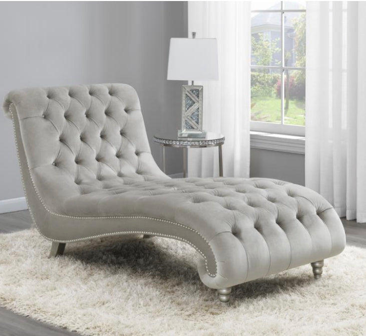 Tufted Cushion Chaise with Nailhead Trim Grey