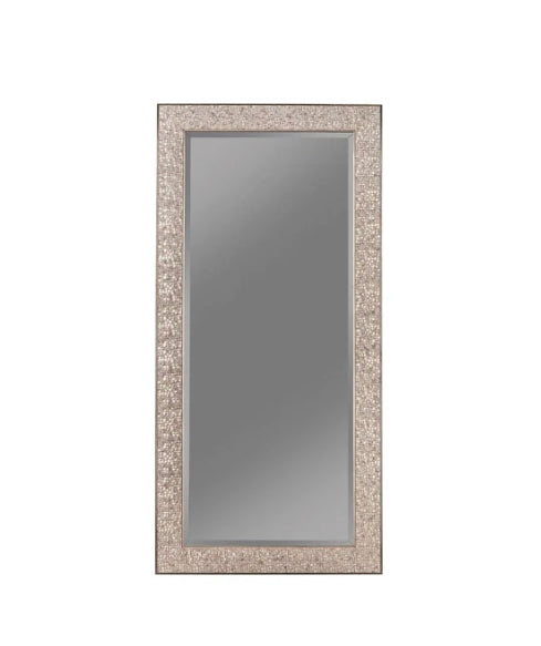 Rectangular Beveled Accent Floor Mirror With Glitter Mosaic Pattern